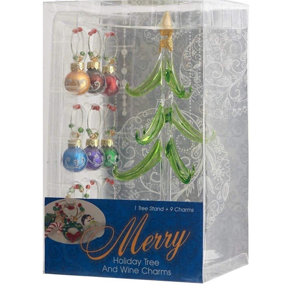 Crystal Handblown Glass Christmas Tree With Wine‎ 9 Glass Ornaments New In Box